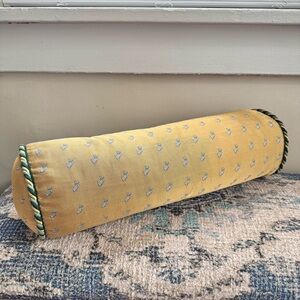 Vintage Yellow Bolster Pillow with Green Cord Trim | Scottish Terrier Print